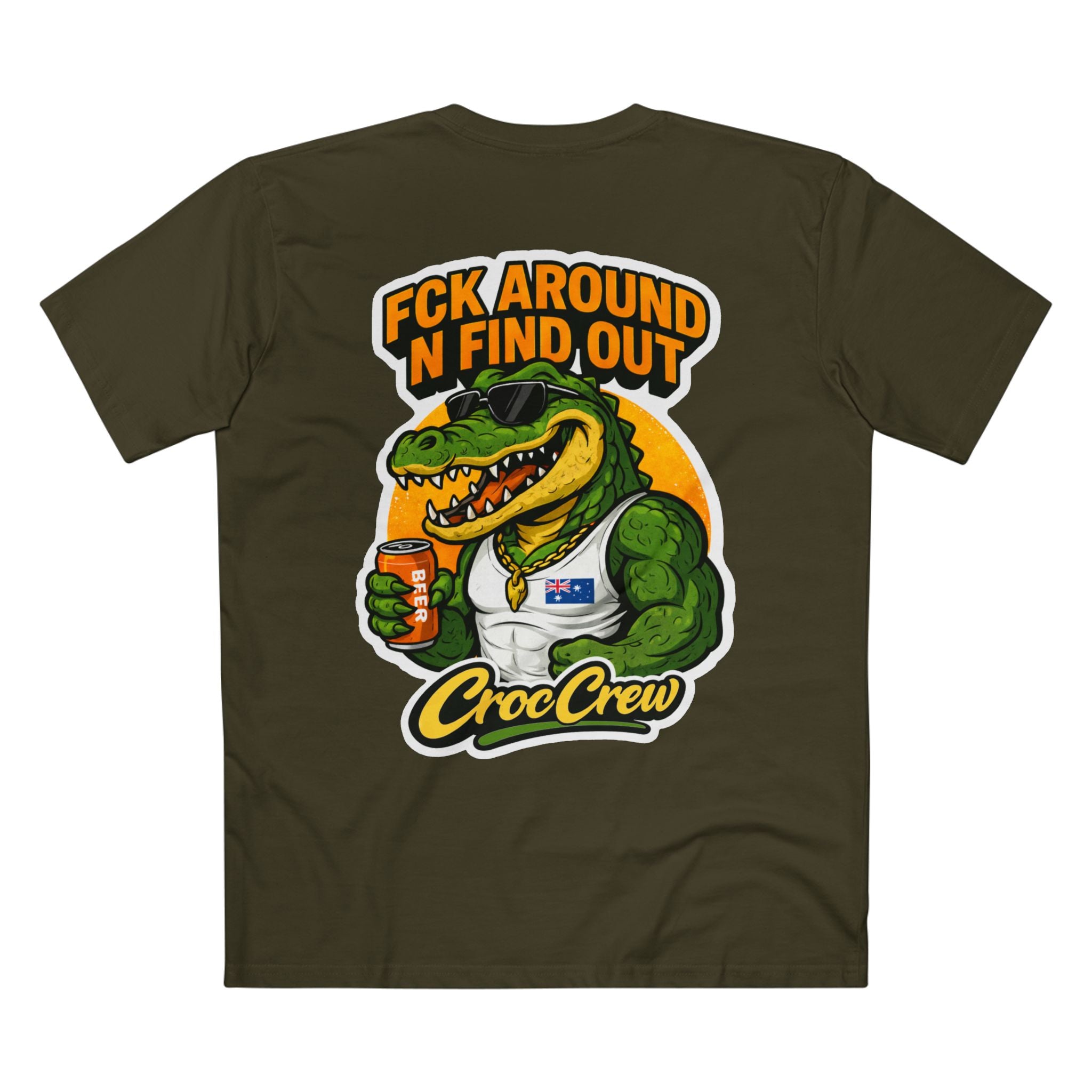 FCK Around N Find Out Croc Gold Chain AS Colour Staple Tee – Classic Merv Beer Gold Chain Croc Edition | Croc Crew