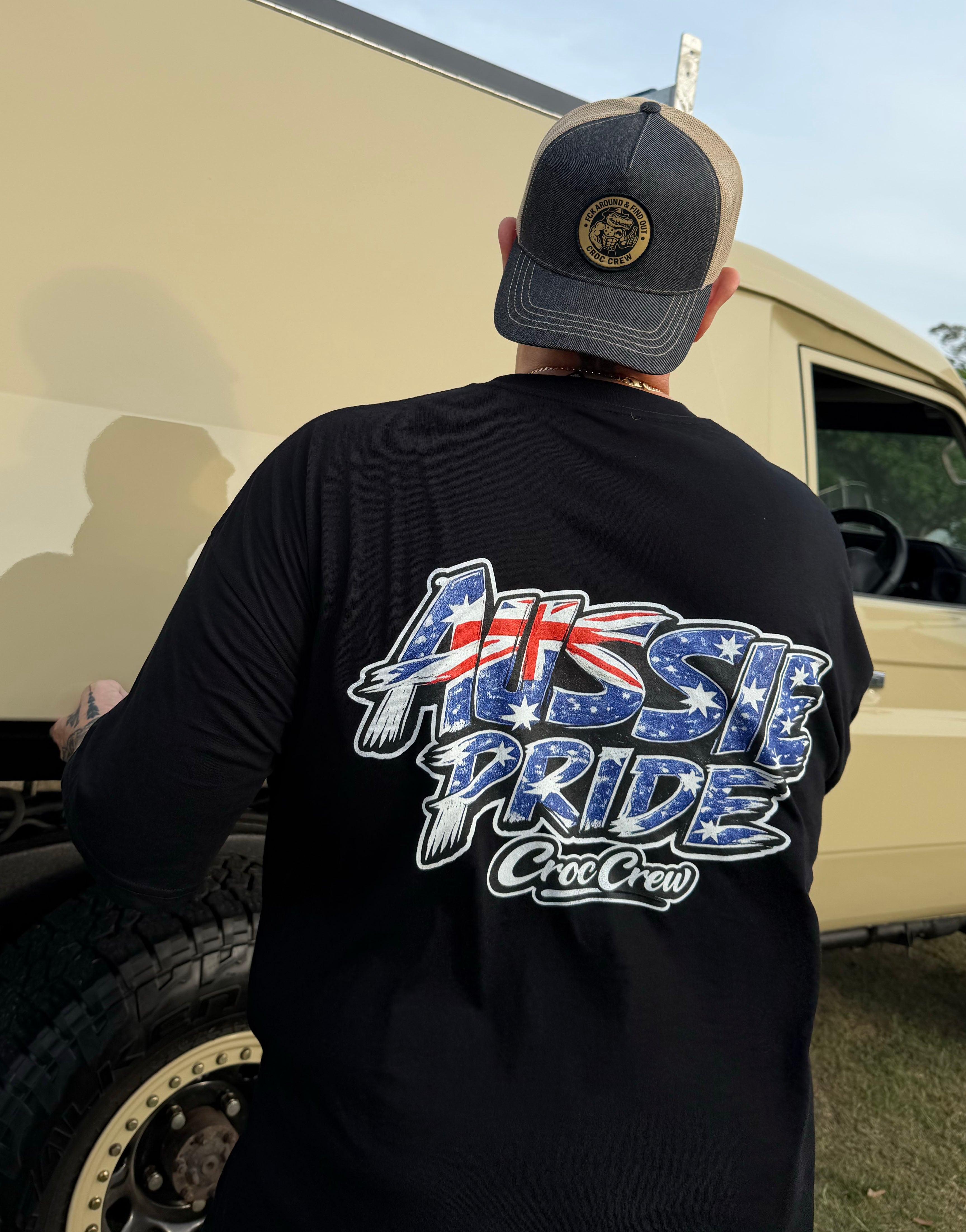 Croc Crew Country Denim Trucker Cap — Tan & Black Round FAFO Patch (Yupoong 6505)