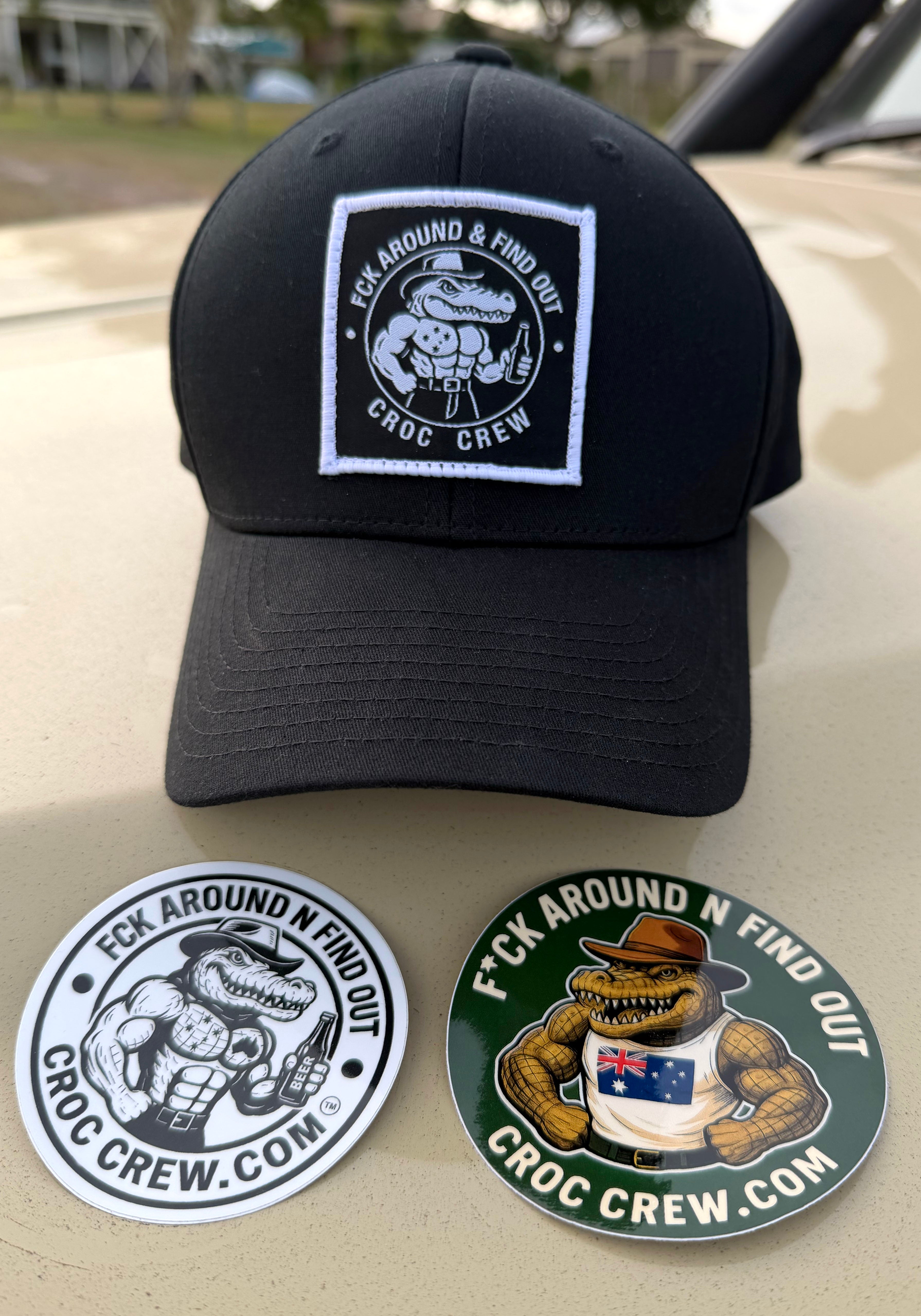 Croc Crew Black Curved Peak Baseball Cap — Black & White Square FAFO Patch (Yupoong 6603)