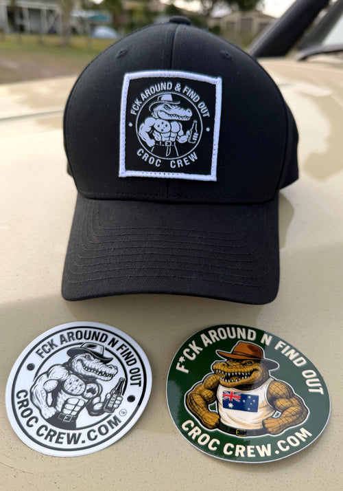 Croc Crew Black Curved Peak Baseball Cap — Black & White Square FAFO Patch (Yupoong 6603)