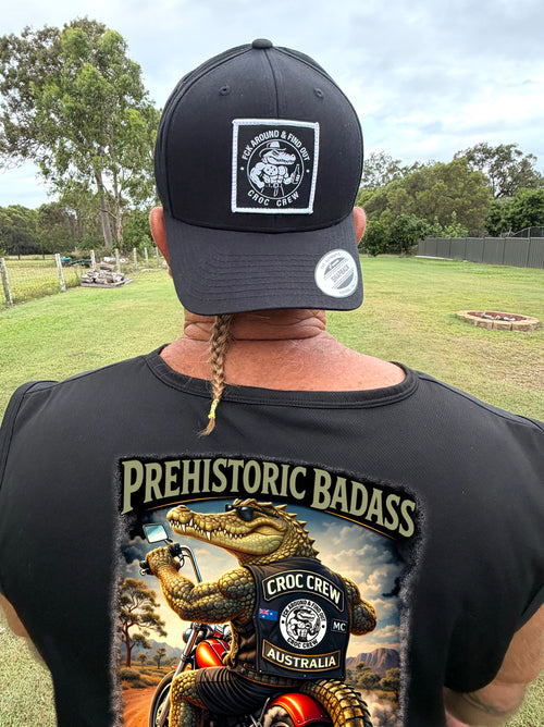 Croc Crew Black Curved Peak Baseball Cap — Black & White Square FAFO Patch (Yupoong 6603)