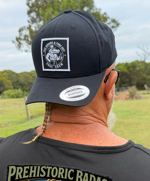 Croc Crew Black Curved Peak Baseball Cap — Black & White Square FAFO Patch (Yupoong 6603)