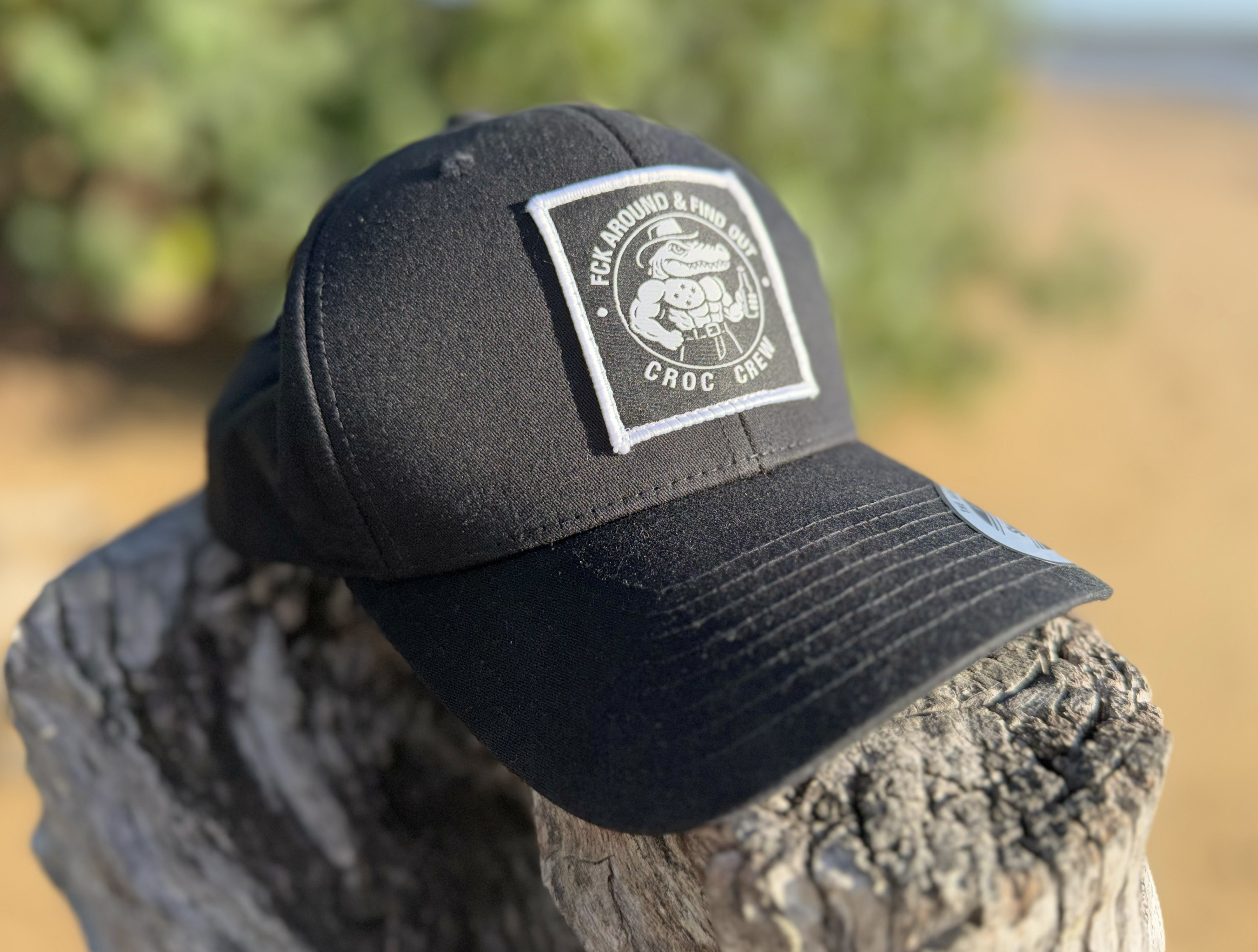 Croc Crew Black Curved Peak Baseball Cap — Black & White Square FAFO Patch (Yupoong 6603)