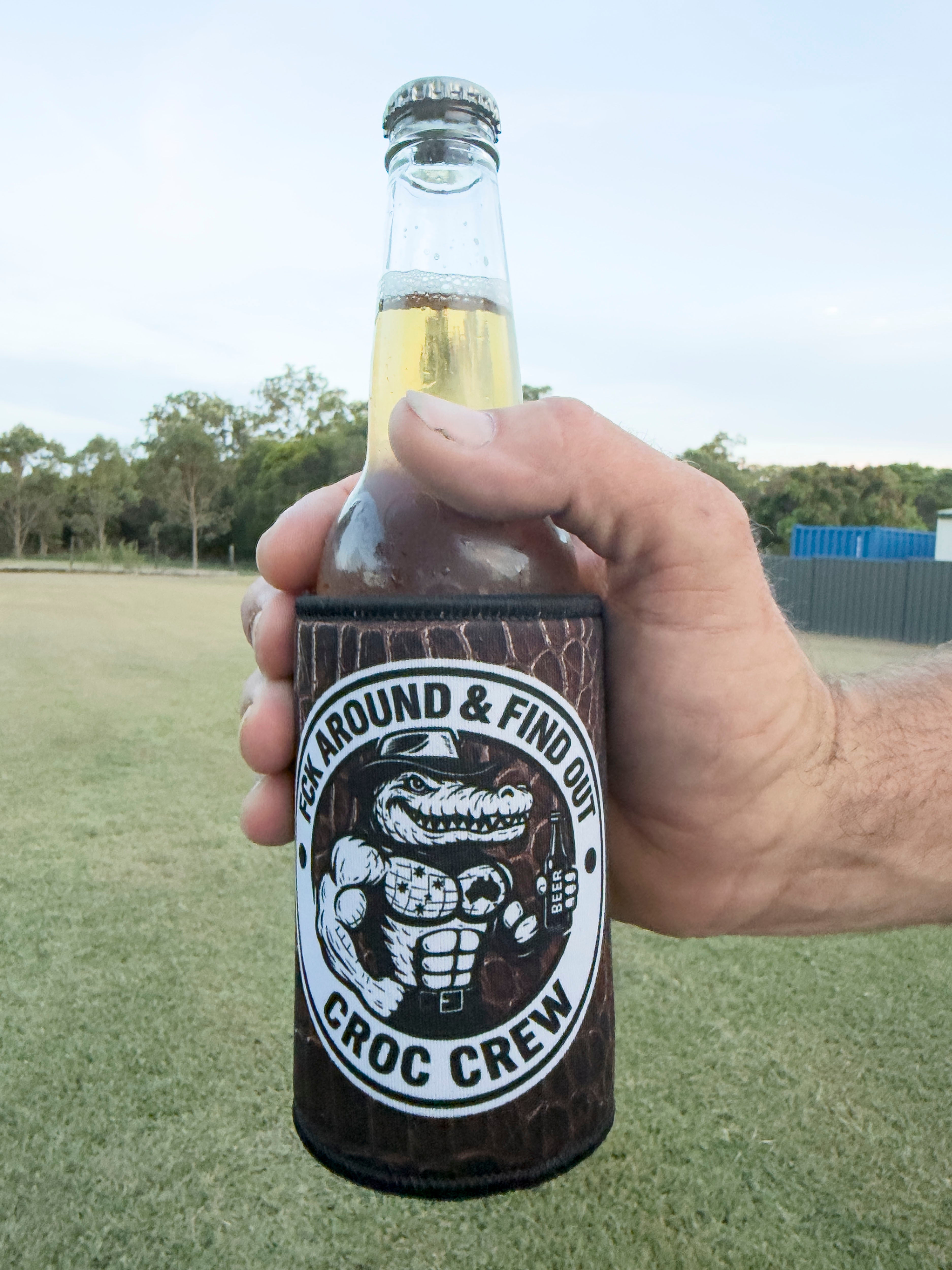 Croc Skin - Brown Stubby Cooler + Sticker bundle (Rated PG & M+)