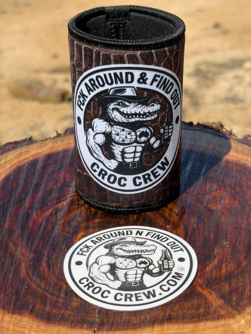 Croc Skin - Brown Stubby Cooler + Sticker bundle (Rated PG & M+)