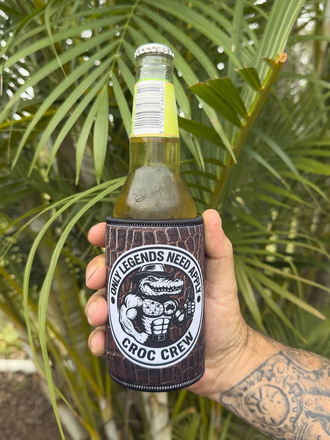 Croc Skin - Brown Stubby Cooler + Sticker bundle (Rated PG & M+)