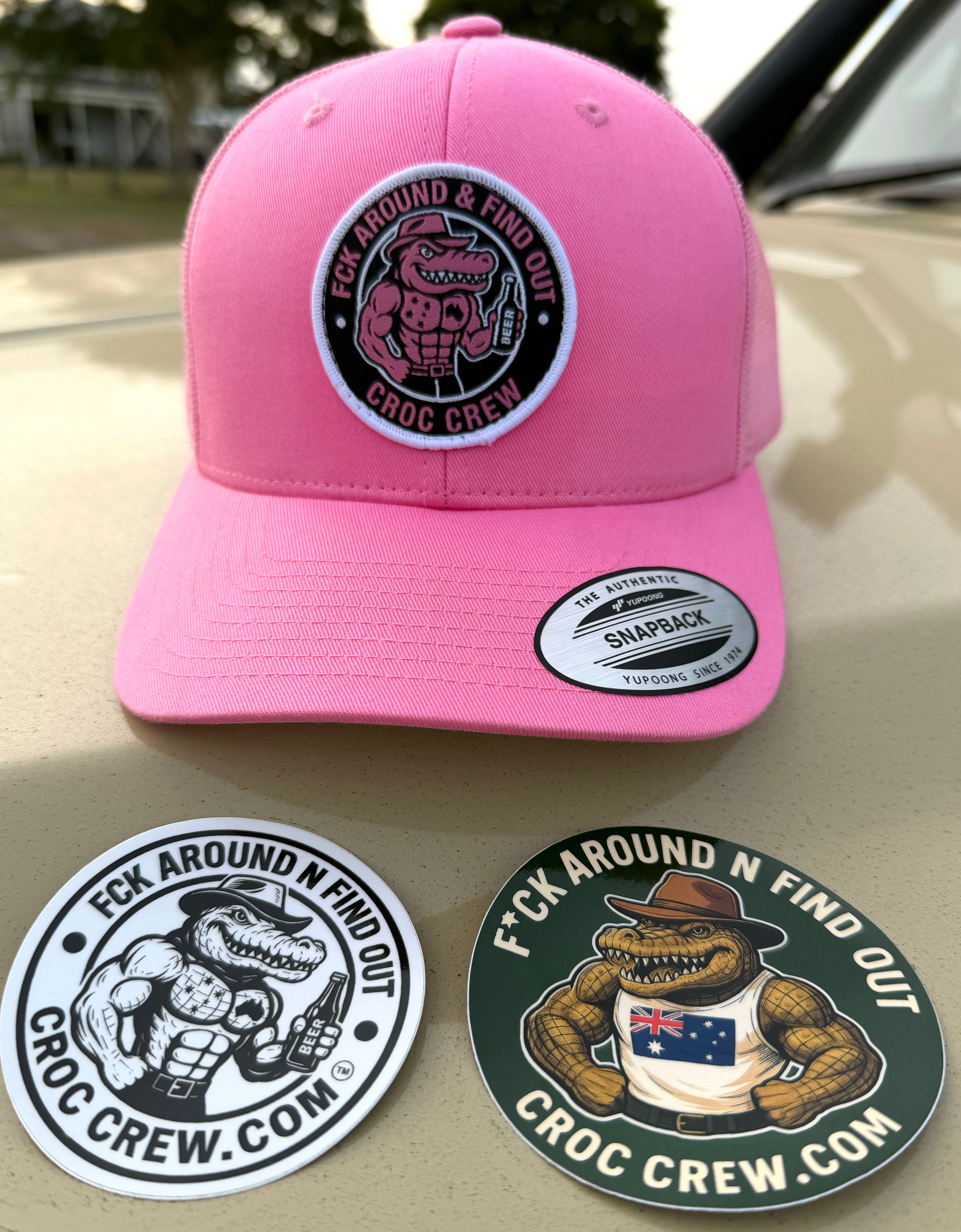 Croc Crew Pink Trucker Cap — Black & White Round FAFO Badge (Yupoong 6606C)
