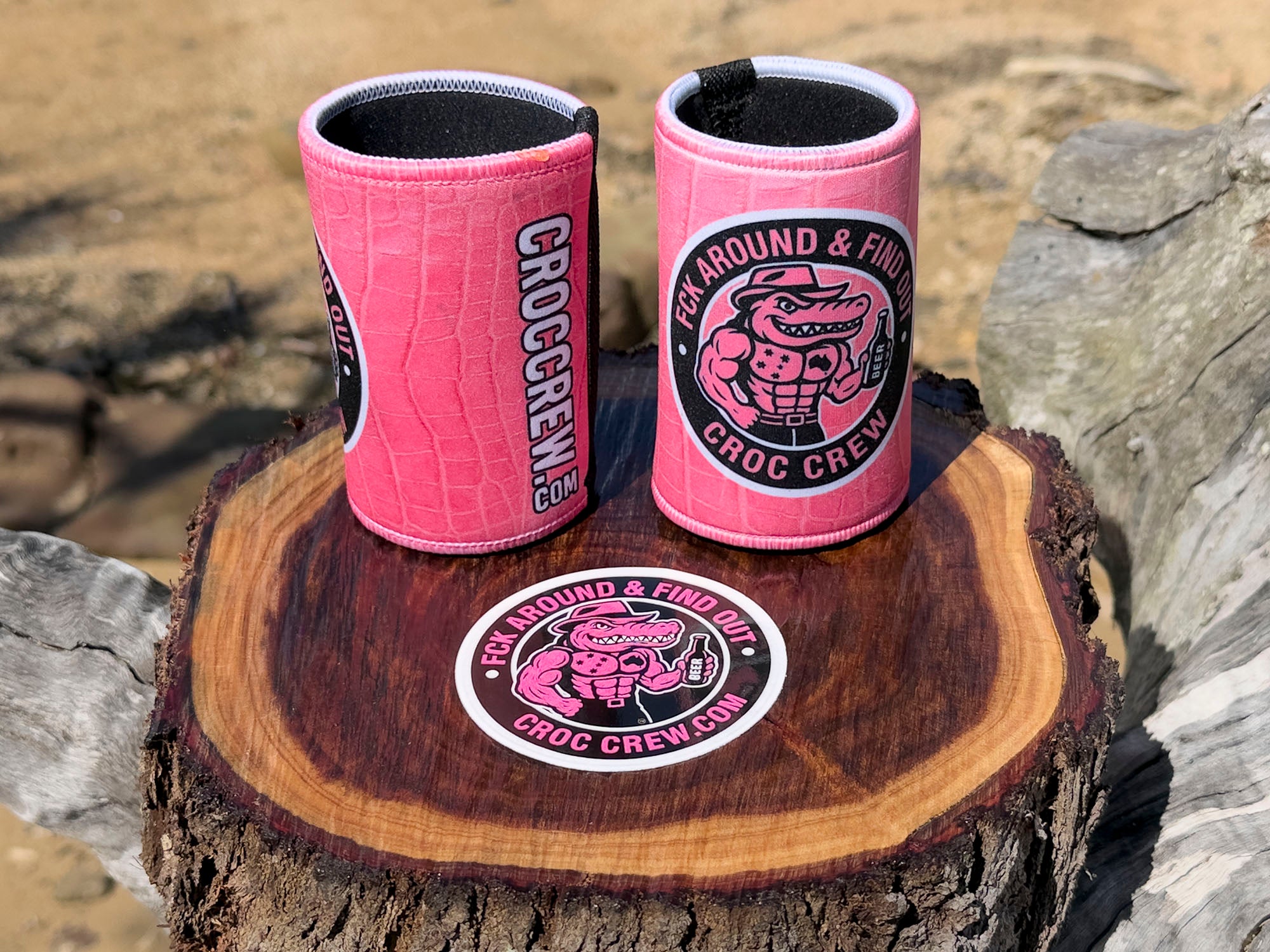Croc Skin - Pink Stubby Cooler + Sticker bundle (Rated M+)