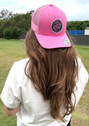 Croc Crew Pink Trucker Cap — Black & White Round FAFO Badge (Yupoong 6606C)