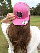 Croc Crew Pink Trucker Cap — Black & White Round FAFO Badge (Yupoong 6606C)