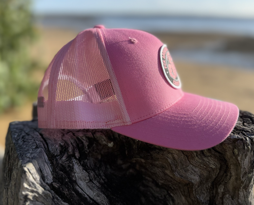Croc Crew Pink Trucker Cap — Black & White Round FAFO Badge (Yupoong 6606C)
