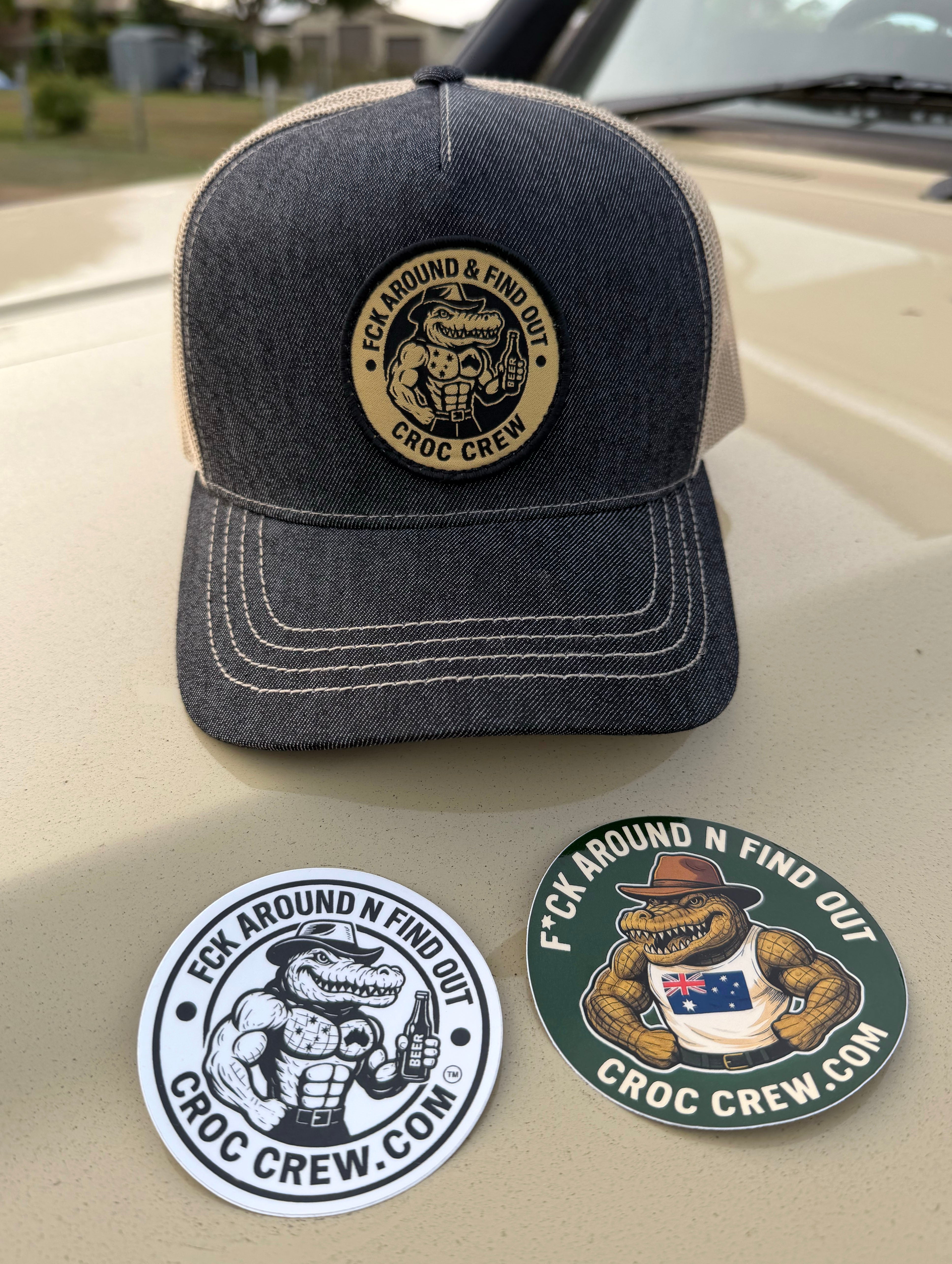 Croc Crew Country Denim Trucker Cap — Tan & Black Round FAFO Patch (Yupoong 6505)