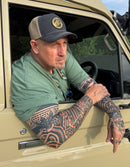 Croc Crew Country Denim Trucker Cap — Tan & Black Round FAFO Patch (Yupoong 6505)