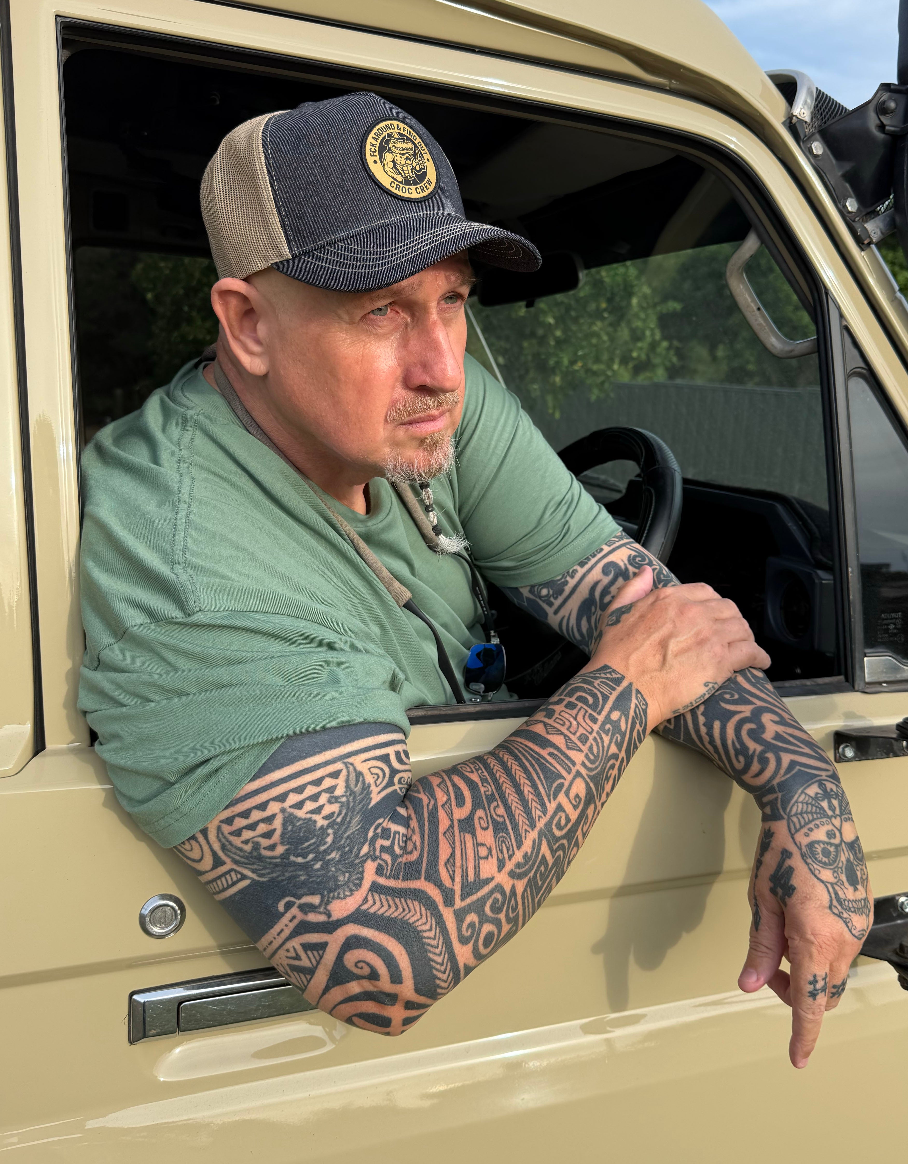 Croc Crew Country Denim Trucker Cap — Tan & Black Round FAFO Patch (Yupoong 6505)