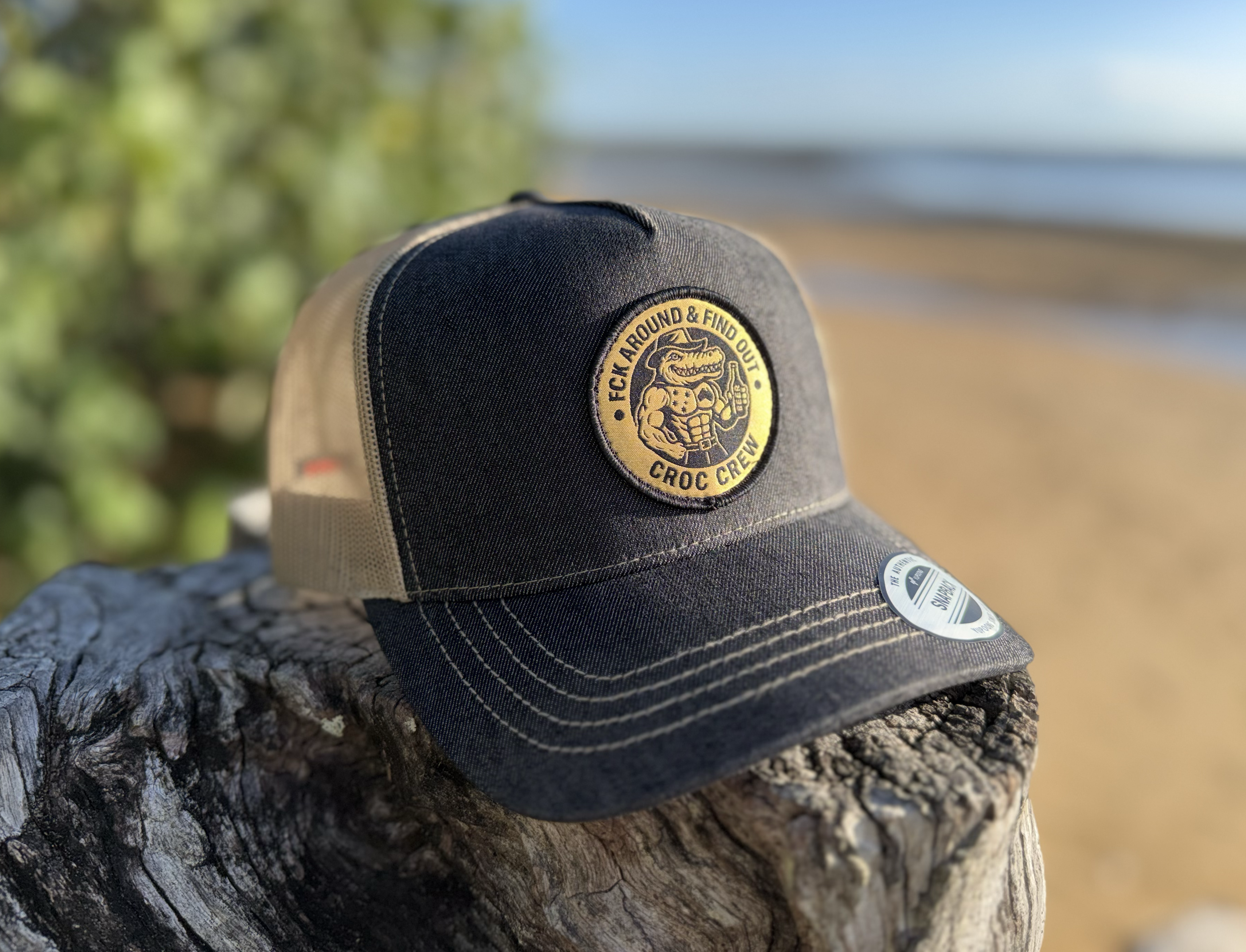 Croc Crew Country Denim Trucker Cap — Tan & Black Round FAFO Patch (Yupoong 6505)