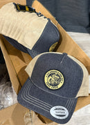 Croc Crew Country Denim Trucker Cap — Tan & Black Round FAFO Patch (Yupoong 6505)