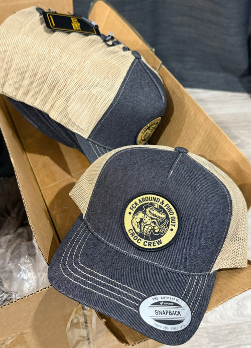 Croc Crew Country Denim Trucker Cap — Tan & Black Round FAFO Patch (Yupoong 6505)