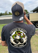 Croc Crew Country Denim Trucker Cap — Tan & Black Round FAFO Patch (Yupoong 6505)