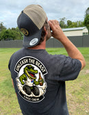 Croc Crew Country Denim Trucker Cap — Tan & Black Round FAFO Patch (Yupoong 6505)