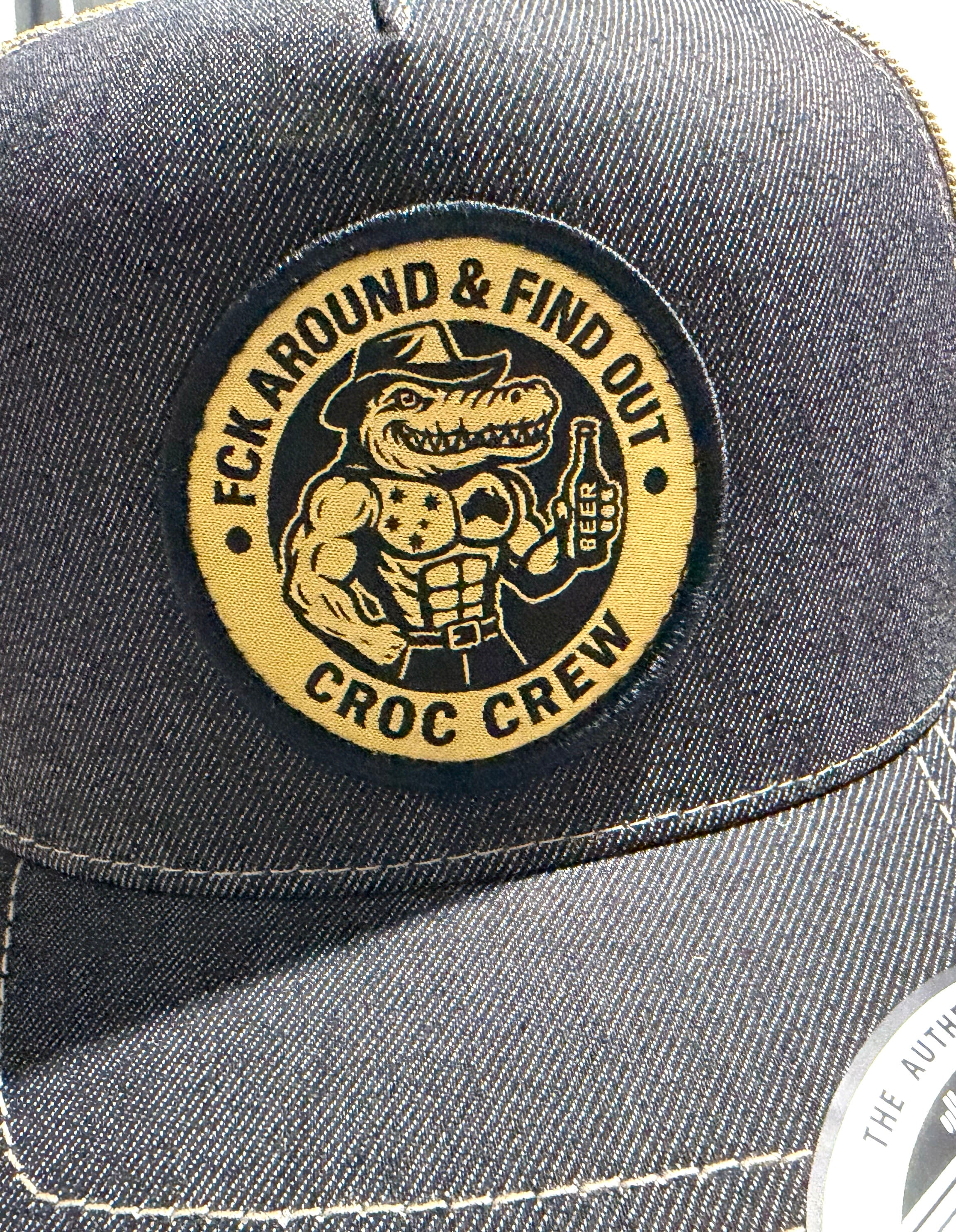 Croc Crew Country Denim Trucker Cap — Tan & Black Round FAFO Patch (Yupoong 6505)