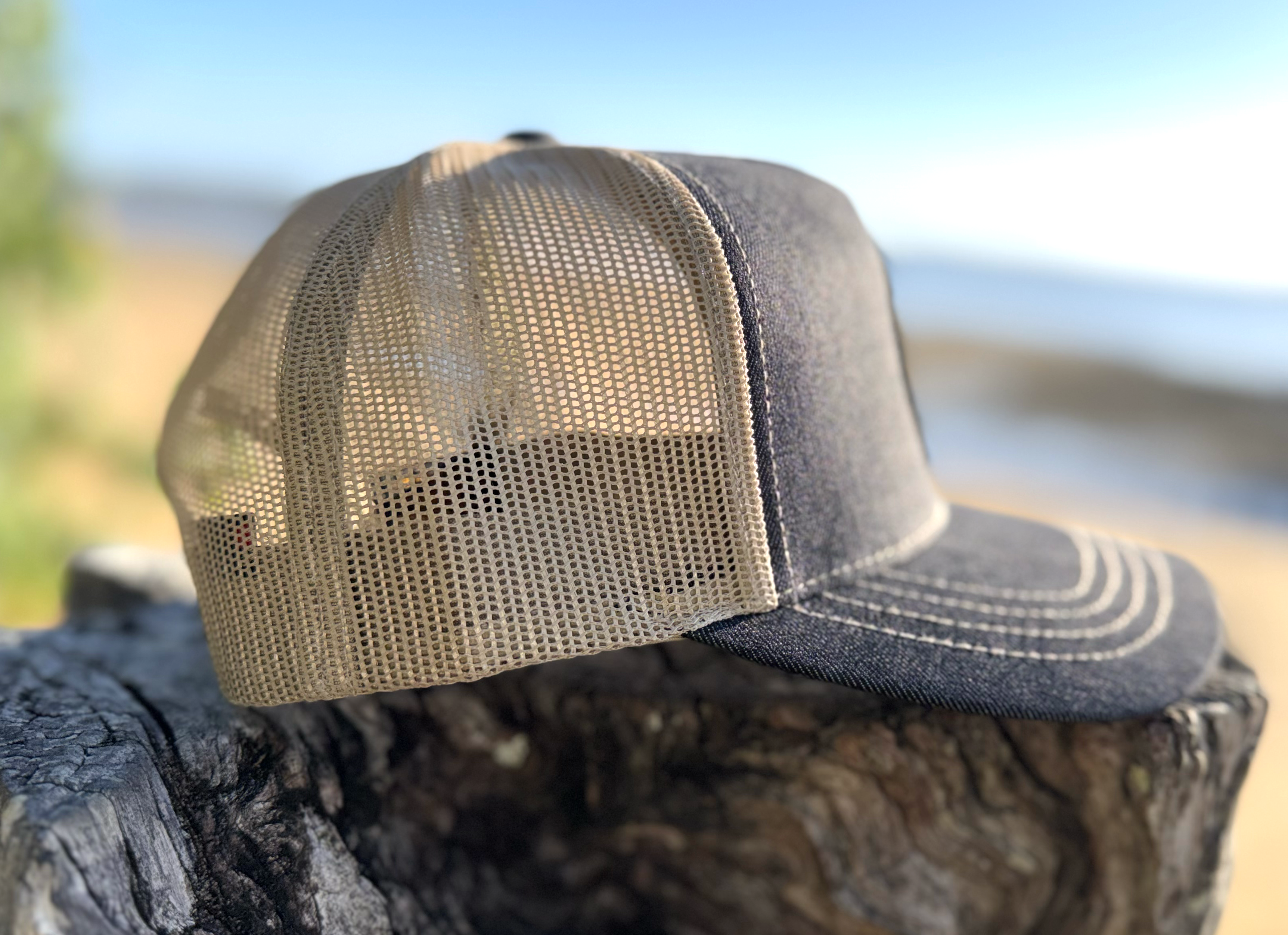 Croc Crew Country Denim Trucker Cap — Tan & Black Round FAFO Patch (Yupoong 6505)